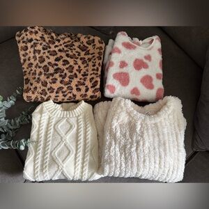 4 SHEIN Cozy Sweater Collection - Leopard, Heart, Cable Knit, Fuzzy Cream